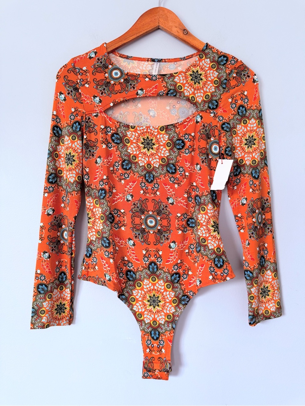 d.n.a couture Orange Mandala Print Cutout Bodysuit Size Small Boho Festival